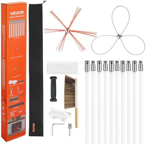 VEVOR Chimney Sweep Kit, 33 ft Maximum Extendable Length Chimney Brush, Chimney Cleaner Sweeper with Dual Brush Heads, Brush & Goggles, Fireplace Cleaning Tool for Square, Rectangle, Arch Chimneys