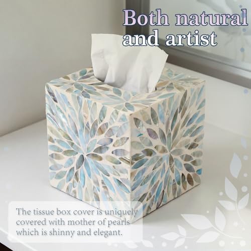 Reallnaive 5.9 Inch Cube Mother of Pearl Tissue Box Cover Ceramic Decorative Tissue Box Holder, Square Napkin Holder Rustic Napkin Dispenser Organizer for Table Bathroom Office(Ivory Teal Floral)