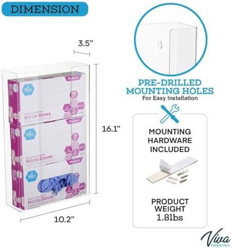 AdirMed VivaEssentials Triple Glove Box Holder, Wall Mount or Free Standing Clear Acrylic Glove Holder
