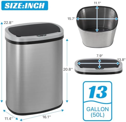 Kitchen Trash Can | Stainless Steel 13 Gallon Trash Can | 50L Touch Free Garbage Can with Lid | Electronic Sensor High Capacity Trash Bin for Bathroom Kitchen Office, Silver