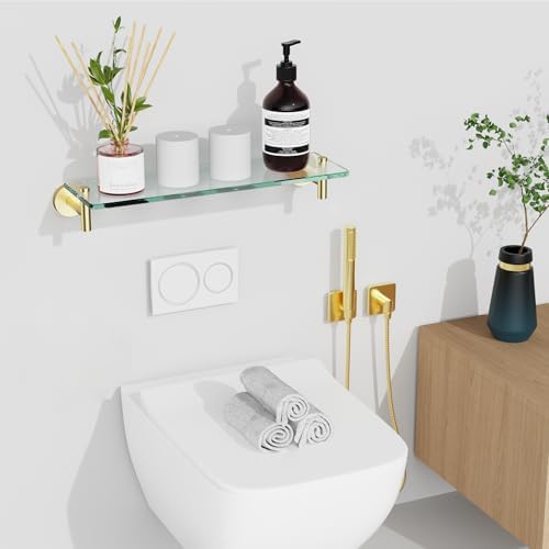 Glass Shelves for Bathroom,16-Inch Brushed Gold Floating Bathroom Shelf Stainless Steel Tempered Glass Shelf Modern Shelves wall Mounted