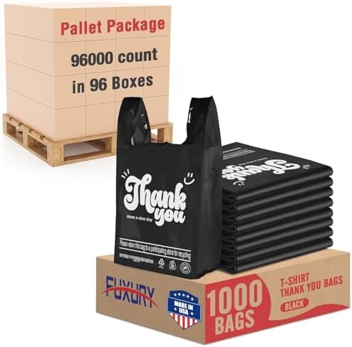 Fuxury 96000 (96K) Count Black Plastic Thank You T-shirt Bags Made in USA