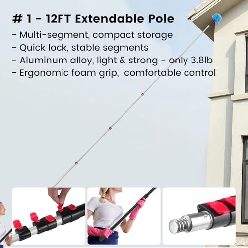 Ceiling Fan Duster Kit - 12 FT Extension Pole - 6-Piece House Cleaning Set