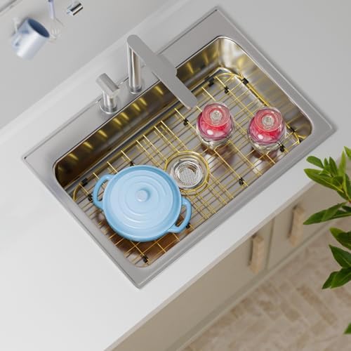 26" x 14" Large Gold Kitchen Sink Grid and Sink Protector, Stainless Steel Sink Rack for Bottom of Kitchen Sink,Centered Drain with Corner Radius, Stainless Steel