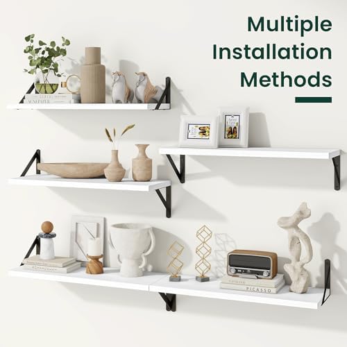 Floating Shelves 8 Inch Deep, 48W x 8D Wall Shelf Set of 2, 70 lbs Heavy Duty Reversible Metal Brackets, Industrial Book Shelf for Living Room Kitchen Bathroom Bedroom Gallery Wall, White