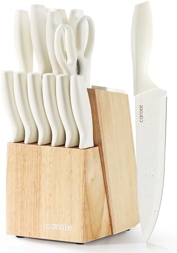 CAROTE 15-Piece Knife Set, Wood Block with Built-In Sharpener, Cream