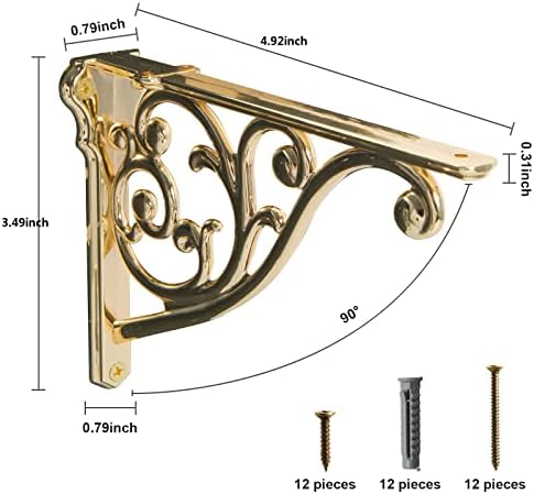 Khtumeware Ornate Decorative Shelf Brackets, 5-inch Small wall Mounted Shelving Bracket, 4 Pack Polished Gold Vintage Metal Shelf Bracket Victorian wall Bracket. (4, Gold)