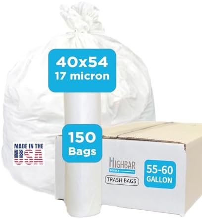 Large Garbage Bag - 55-60 Gallon Capacity, Heavy Duty, High Density, Tear Resistant, Unscented, Extra Strength for Commercial, Industrial, Office, House, Lawn, Events, Bulk Qty 150 Bags