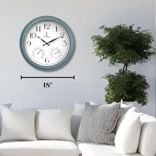 Large Outdoor Patio Clock - Waterproof Thermometer Combo, 18 Inch, Teal