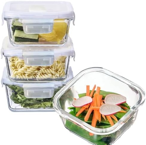 2 Cup Square Glass Food Storage Containers, Small Square Storage Containers With Airtight Lids Leak-proof, BPA free 16oz Glass Meal Prep Bowls, Dishwasher, Microwave, Freezer Safe (White)