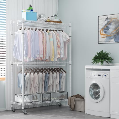 Homdox 3 Tier Heavy Duty Garment Rack with Wheels, Adjustable Wire Clothes Rack with Double Hanging Rods, Portable Closets for Hanging Clothes with Side Hooks, White