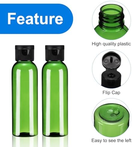uxcell 2 Oz Plastic Bottles with Flip Caps, 200 Pcs Reusable Travel Size Containers with Lids Plastic Squeeze Refillable Dispensing Bottles for Shampoo, Body Soap, Toner(Green Black)