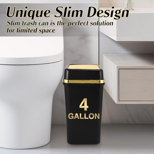 3 Pack Bathroom Trash Can with Lid 4 Gallon Small Trash Can Black Bathroom Trash Can with 150 Counts Trash Bags for Kitchen Bedroom Office