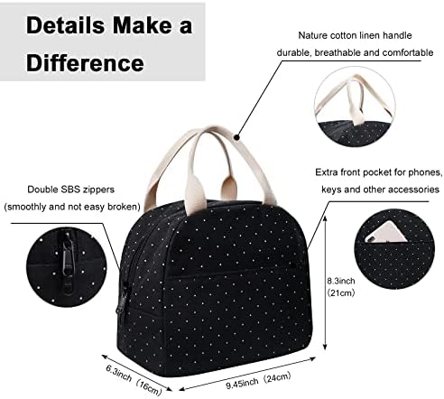 EurCross Upgraded Compact Black Lunch Bag for Girls Women,Canvas Reusable Insulated Polka Dot Lunch Tote Box Bag for Work School