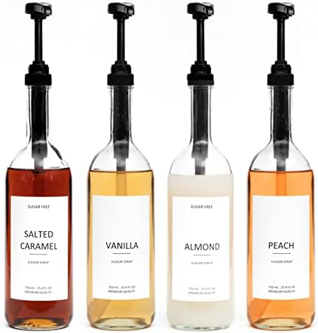 Demi's Home 25.4 oz 750 ml Glass Coffee Syrup Dispenser for Coffee Bar - 4 Pack - Comprehensive Label Set & ¼ oz Pumps Included