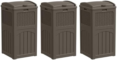 Greesum 33 Gallon Outdoor Trash Can with Lid, 3 Pack, Dark Brown