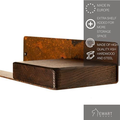 Wall Mount Toilet Paper Holder, Floating Rustic Style WC Roll Rack with Shelf, Unique Brown Steel TP Storage with Ashwood, Farmhouse Design