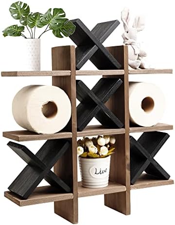GENMOUS Handmade Tic Tac Toe Toilet Paper Holder Stand with 4pcs Wooden X, Funny Wall Mounted Toilet Papers Storage with Shelf, Farmhouse Paper Roll Storage for Guest Bathroom or Toilet Décor