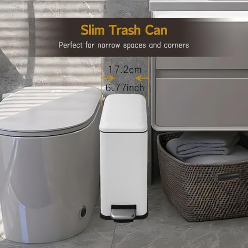Bathroom Trash Can, Pedal Trash Bin with Removable Liner, White