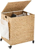 Laundry Hamper with Wheels, 40.92 Gallon(155L) Water Hyacinth Laundry Basket with Lid, 2-Section Wicker Clothes Hamper with 2 Removable Liners, Laundry Sorter with Side Pocket, Natural