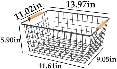 LeleCAT Large black wire baskets with Wooden Handles for storage pantry, Storage Organizer Baskets, Household Refrigerator for Cabinets, Closets, Bedrooms, kitchen - Set of 3 Black