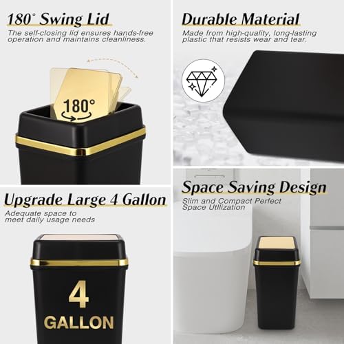 3 Pack Bathroom Trash Can with Lid 4 Gallon Small Trash Can Black Bathroom Trash Can with 150 Counts Trash Bags for Kitchen Bedroom Office