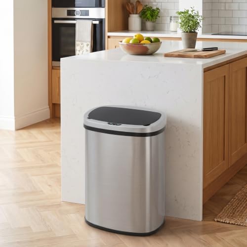 Kitchen Trash Can | Stainless Steel 13 Gallon Trash Can | 50L Touch Free Garbage Can with Lid | Electronic Sensor High Capacity Trash Bin for Bathroom Kitchen Office, Silver