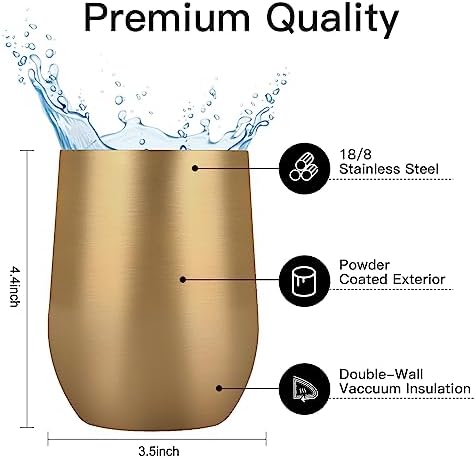 Lifecapido 12 Pack 12oz Stainless Steel Wine Tumblers, Insulated Wine Tumbler, Double Wall Insulated Wine Glass, Stainless Steel Stemless Wine Cups with Lids for Coffee, Wine, Champaign, Gold