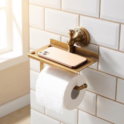 Vintage Brass Toilet Paper Holder Wall Mount with Storage Shelf, Antique Bathroom Decor Toilet Paper Holder, Solid Brass Phone Shelf Toilet Roll Holder for Retro Bathroom Accessories