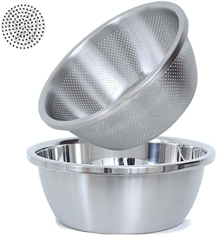 304 Stainless Steel Microporous Colander, 5QT Large Capacity with Mixing Bowl For washing vegetables, fruit and rice and for draining cooked pasta(2PC)