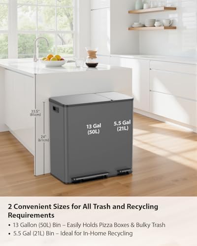 Lovewind Double Trash Can Kitchen, 13+5.5 Gallon Stainless Steel Dual Trash and Recycle Bin Combo with Silent Close Lid, Heavy-Duty Foot Pedal, Easy to Clean Garbage Can for Large Families, Grey