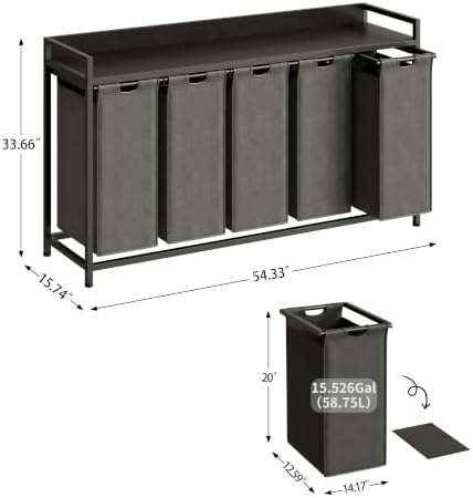 Herture Laundry Hamper with Shelf, Laundry Basket 5 Section, Laundry Sorter with Pull-Out Removable Large Bags and Movable Wheels, Metal Frame, 5 x 15.87 Gallons (60L), Black PF08XLB