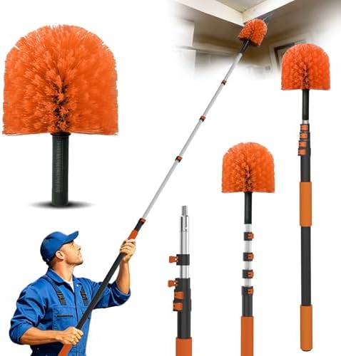 18FT Reach Cobweb Duster with Extension Pole - Spider Web Brush for Cleaning with 3-12FT 4-Section Flip-Lock Telescopic Pole, Effortlessly Cleans High Indoor & Outdoor Webs