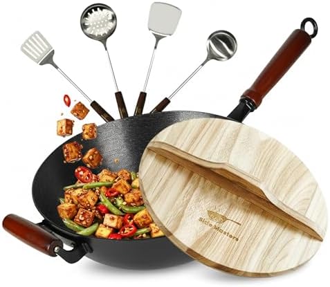 Pre-Seasoned Cast Iron Nonstick Stir-Fry Pan | Dual Handles & 4 Spatulas | Flat Bottom Wok with Wooden Lid & Wood Handle | Traditional Chinese Induction Wok (36Cm)