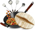 Pre-Seasoned Cast Iron Nonstick Stir-Fry Pan | Dual Handles & 4 Spatulas | Flat Bottom Wok with Wooden Lid & Wood Handle | Traditional Chinese Induction Wok (36Cm)