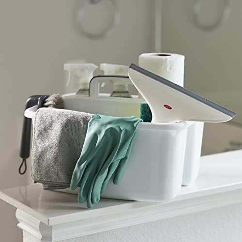 Gracious Living Storage Caddy, 2-Compartment Portable Plastic Tote with Handle for Cleaning Supplies, Craft Organization, & Makeup, White/Gray