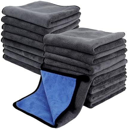 24 Pcs Microfiber Cleaning Towels 15.75 Inch Auto Detailing Absorbent Towels 800 GSM Thick Plush Microfiber Cleaning Cloth Dusting Cloth for Kitchen Window Cars (Grey and Blue)