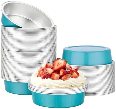 Beasea Mini Tart Pie Pan, 100 Pack 7.3oz 215ml Aluminum Foil Ramekins Disposable Baking Cups Only, 4 Inch Mini Baking Pie Tin Pans No Lids Cupcake Liners for Tart Cheesecake - Blue Green
