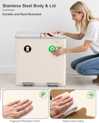 Lovewind 2×11.5 Gallon Dual Trash Can, Stainless Steel Dual Garbage and Recycling Can with Foot Pedal, 90° Stay-Open Lid, Large Dual Compartment Trash Recycling Bins Kitchen, Apricot
