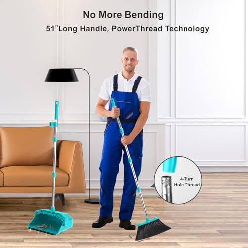Broom and Dustpan Set for Home, 51" Long Handle Standing Dustpan Blue