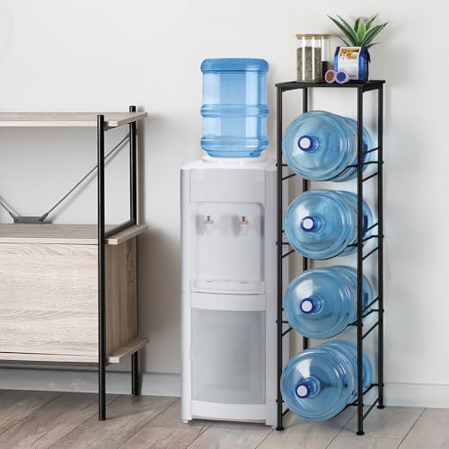 Vrisa Water Jug Holder 5 Gallon Water Jug Stand 4-Tier Water Gallon Holder Organizer with Storage Shelf 3/5 Gallon Water Jug Rack for Home Office Kitchen Black