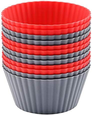 12 Pack Reusable Nonstick Jumbo Silicone Baking Cups, Cupcake and Muffin Liners, 3.8 Inch Large Size, Red and Gray Colors, Round