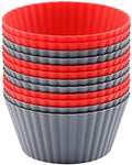 12 Pack Reusable Nonstick Jumbo Silicone Baking Cups, Cupcake and Muffin Liners, 3.8 Inch Large Size, Red and Gray Colors, Round