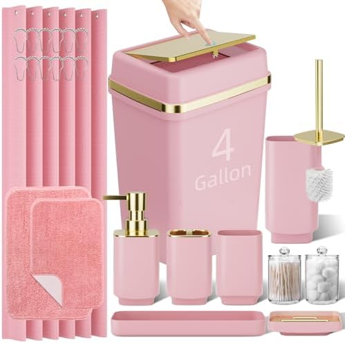 24PCS Bathroom Sets with Shower Curtain and Rugs Bathroom Accessory Set Pink Bathroom Set, 4 Gallon Trash Can, Toilet Brush, Lotion Dispenser, Toothbrush Holder, Tray, Soap Dish