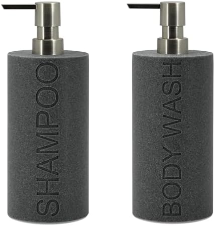 Resin 2 Pack Shampoo, Conditioner or Body Wash Dispenser Set, Luxurious Refillable Pump Bottles with Matte Pump Top and Embossed Text, Durable Design for Bathroom and Shower