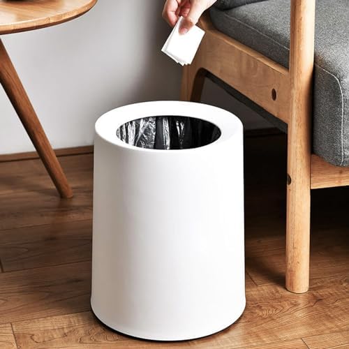 2 Pack Round Modern Trash Can Bedroom, 3Gal/12L Bathroom Trash Can Hidden Bag, Open Top Trash Bin Round Plastic, Minimalist White Garbage Can with Inner Bucket (with 2 Handles) for Kitchen Office