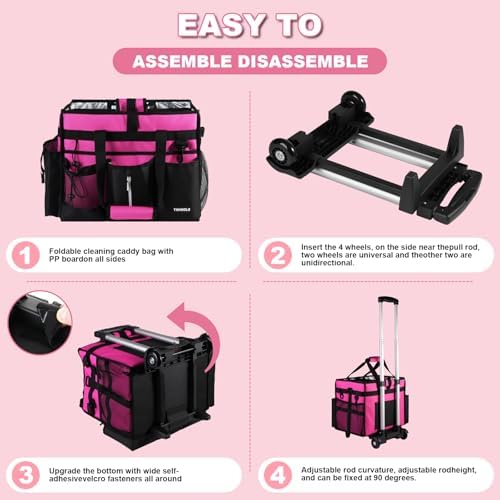 Cleaning Caddy with Wheels, Rolling Cleaning Supplies Organizer with Bottom Board, Dividers & Shoulder Strap, Portable Utility Tote with Small Trolley, Rose Pink