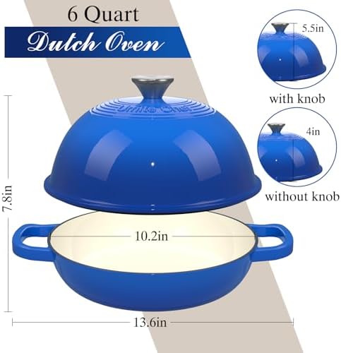 Enamelled Cast Iron Dutch Oven Pot – Dutch Oven Pot with Lid For Sourdough Bread Baking – Cast Iron Bread Oven – Dark Blue, Umite Chef 6QT Pot with Lid & Cotton Potholders