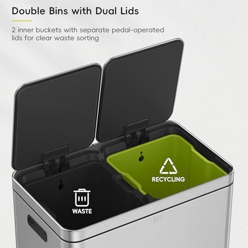 EKO Edison Dual Trash Can for Recycling and Trash, 8+8 Gallons Kitchen Garbage Can with Dual Removable Inner Liners, Independent Lids and Pedals, Matte Stainless Steel