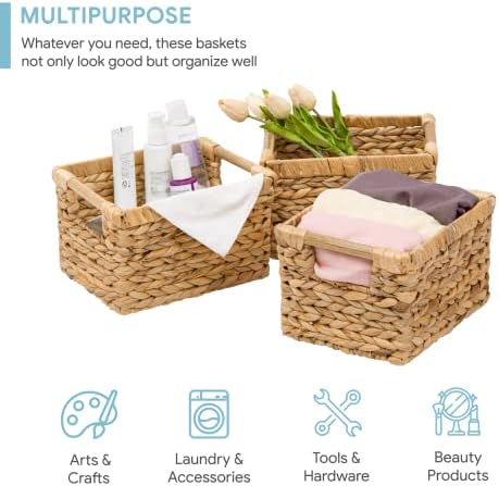 Small Wicker Baskets for Organizing Bathroom, Hyacinth Baskets for Storage, Wicker Storage Basket with Wooden Handle, Decorative Small Basket 10 x 7.5 x 6.3 inches - 3 Pack